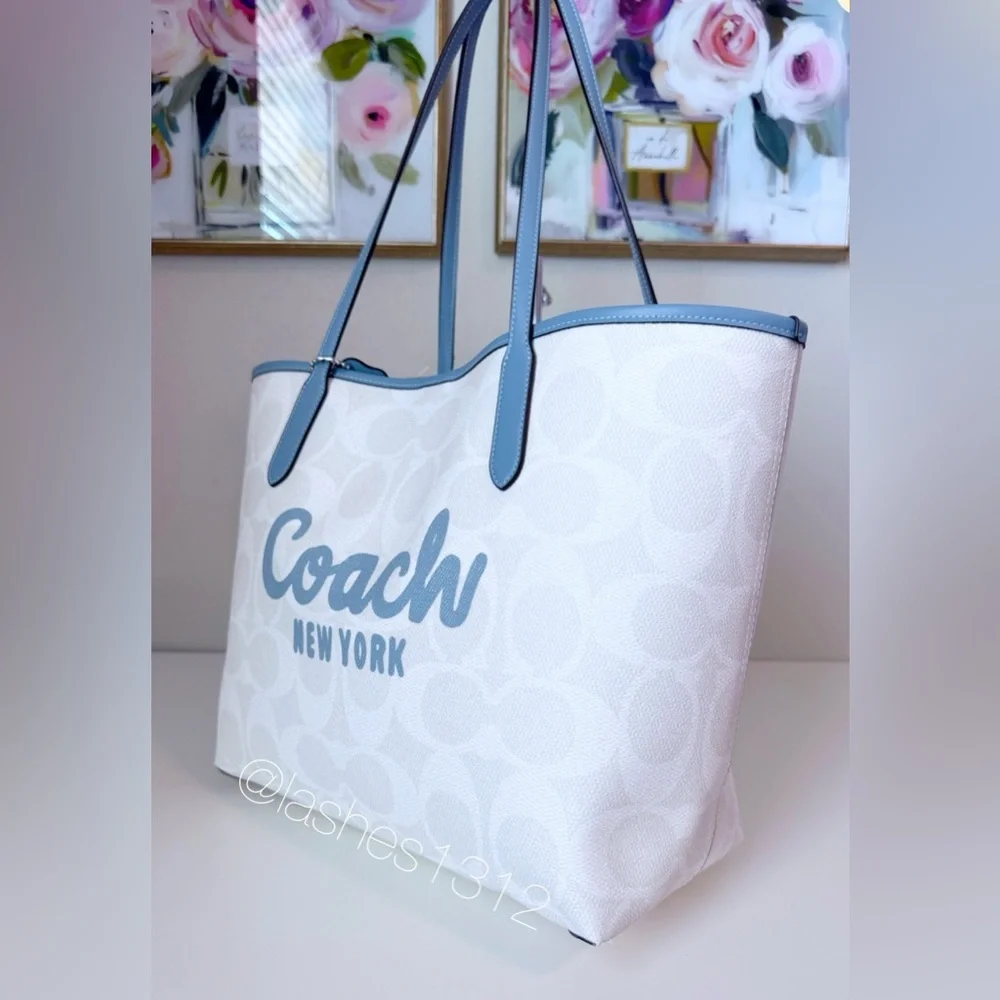COACH Bag City Tote with Coach Graphic - White Blue - Picture 3 of 8
